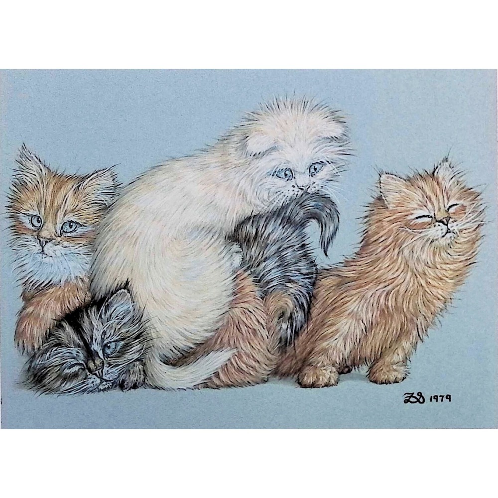 1982 Zoe Stokes Fluffy Kittens Cats Vintage Book Print Feline Wall Art Decor
